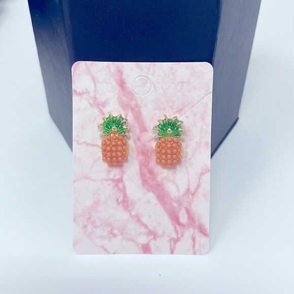 Orange Coral Pineapple Post Studs Earrings - Picture 5 of 7